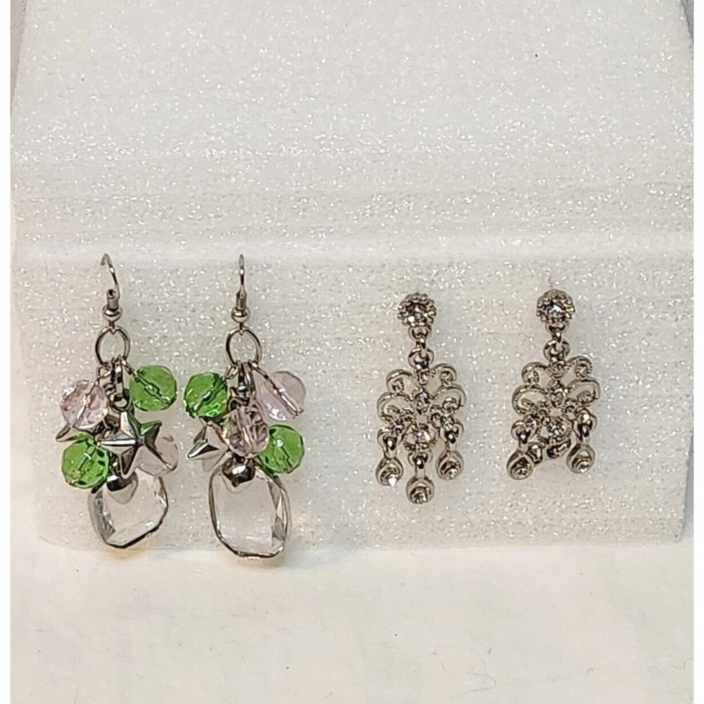 2 Pair Pierced Earrings Silvertone Rhinestones Beads
